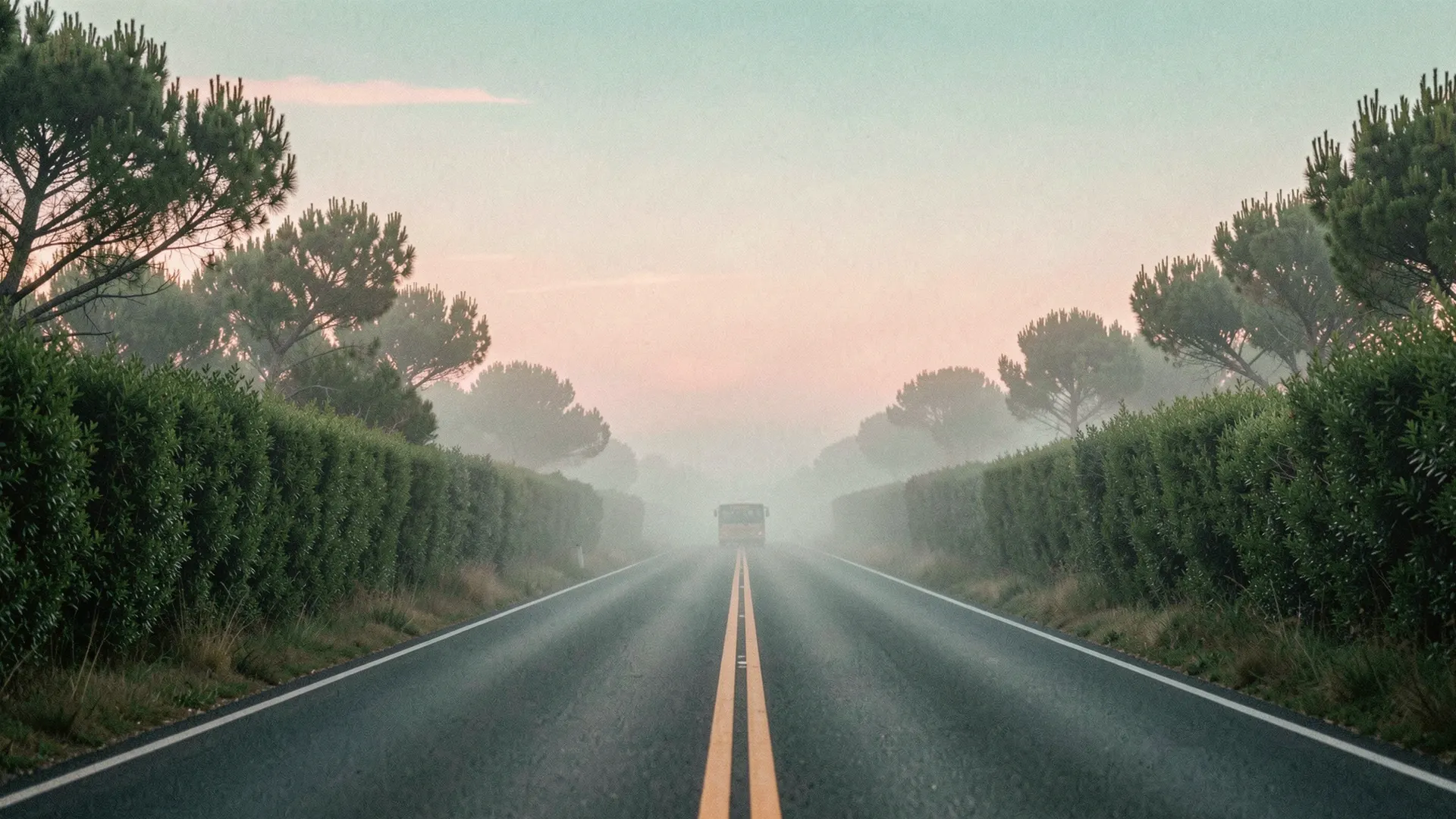 Illustration of a misty two-lane road at dawn lined with hedgerows and pines, with a distant bus